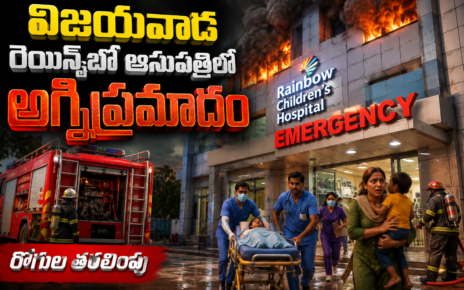 విజయవాడ రెయిన్‌బో చిన్నారుల ఆసుపత్రిలో అగ్నిప్రమాదం సంభవించిన దృశ్యం, రోగులను సురక్షితంగా తరలిస్తున్న సిబ్బంది."